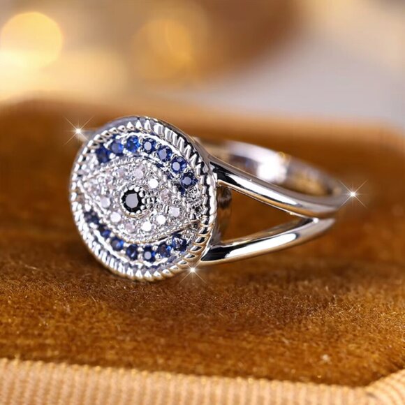 NEW 14k White Gold Blue Sapphire Evil Eye Diamond Ring - Picture 2 of 9